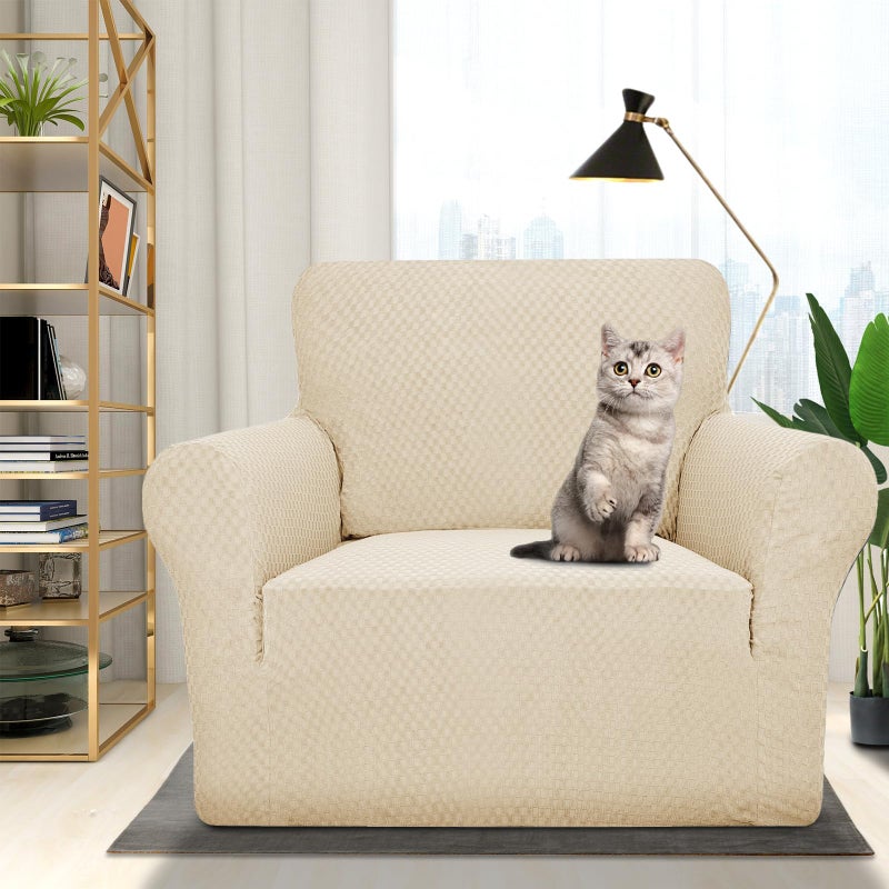 ZNSAYOTX 1 Piece Jacquard Chair Slipcovers for Living Room High Stretch Chair Covers with Arms Anti Slip Pets Friendly Couch Sofa Armchair Cover Furniture Protector (Chair, Light Beige) - Image 2